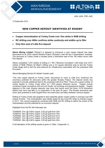 NEW COPPER DEPOSIT IDENTIFIED AT ROSEBY - Altona Mining