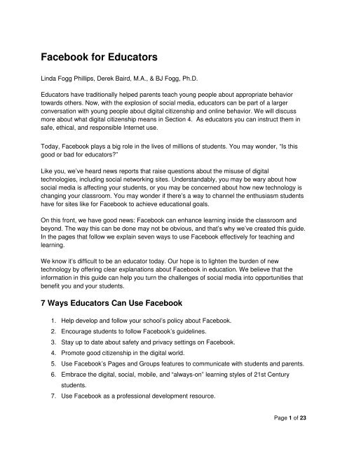 Facebook for Educators - Internet Safety Wiki