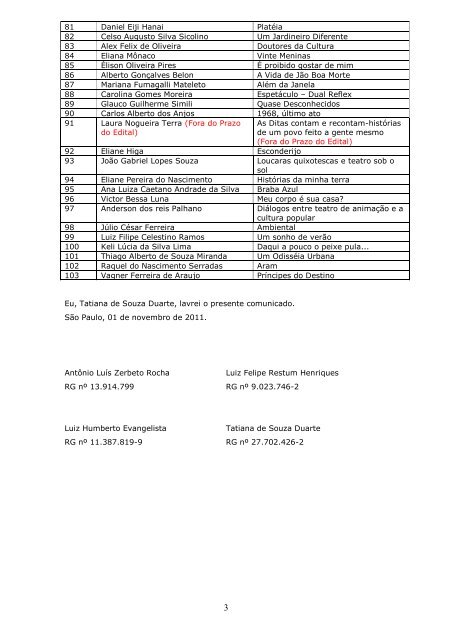 Lista de Inscritos - Edital 29/2011 - Secretaria de Estado da Cultura ...