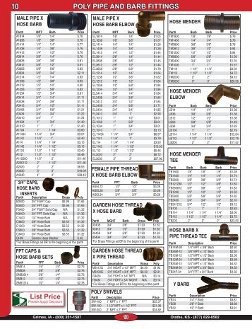POLY PIPE AND BARB FITTINGS List Price