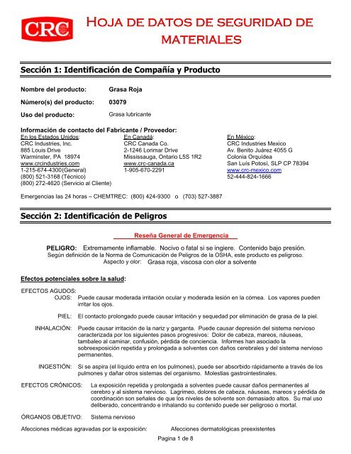 Hoja de datos de seguridad de Hoja de datos de ... - CRC Industries