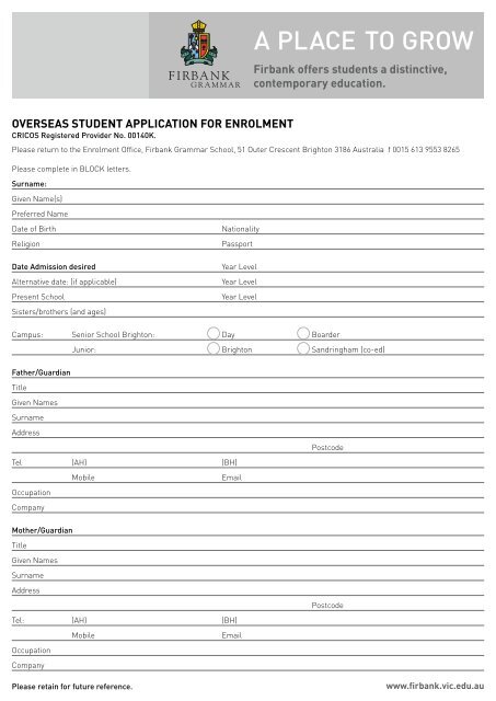 Application for Enrolment - Firbank Grammar School