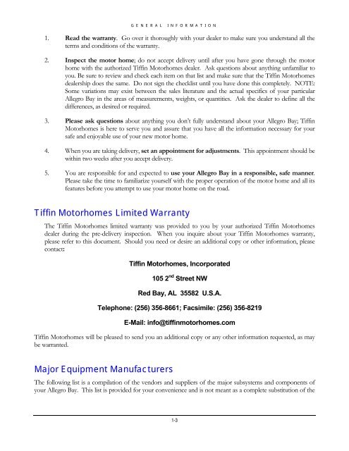 Allegro Bay Owner's Manual - Tiffin Motorhomes