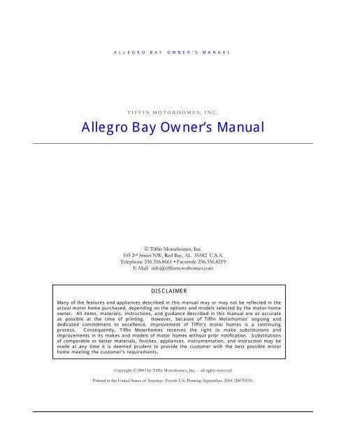 Allegro Bay Owner's Manual - Tiffin Motorhomes