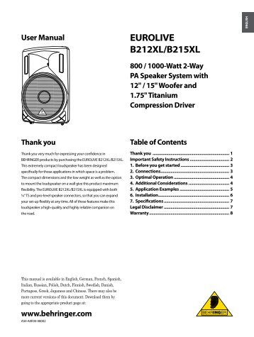 EUROLIVE B212XL/B215XL User Manual - zZounds.com