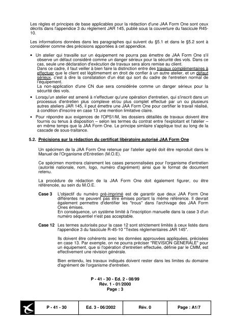 JAA FORM ONE - Consignes de NavigabilitÃ© franÃ§aises