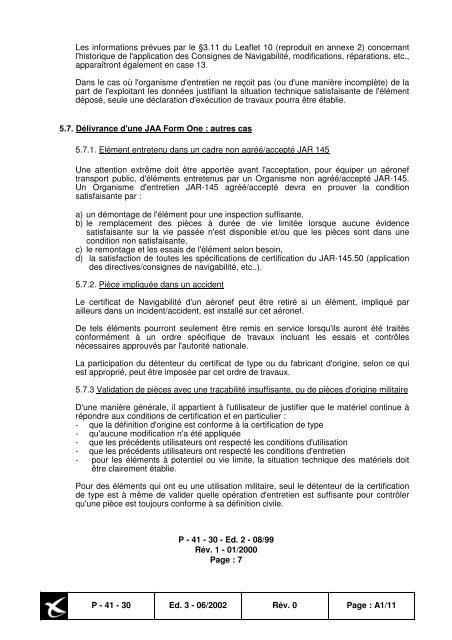 JAA FORM ONE - Consignes de NavigabilitÃ© franÃ§aises