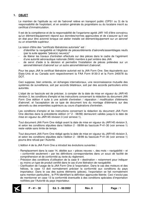 JAA FORM ONE - Consignes de NavigabilitÃ© franÃ§aises