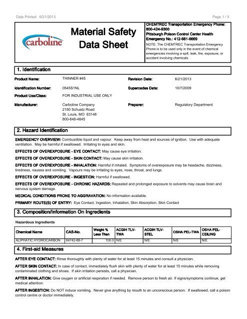  Thinner  45 MSDS  Carboline