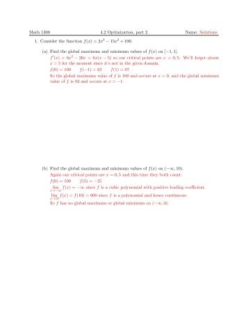 Math 1300 4.2 Optimization, part 2 Name: Solutions 1. Consider the ...
