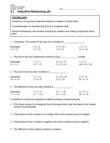 Printables Inductive Reasoning Worksheets lesson 2 1 inductive reasoning a