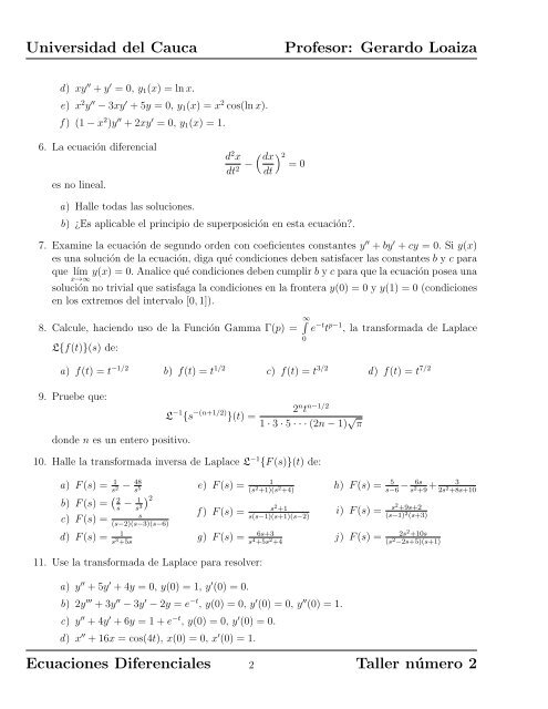Gerardo Loaiza Ecuaciones Diferenciales Taller nÃºmero 2