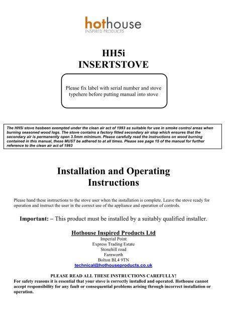HH5i INSERTSTOVE Installation and Operating Instructions - Hetas