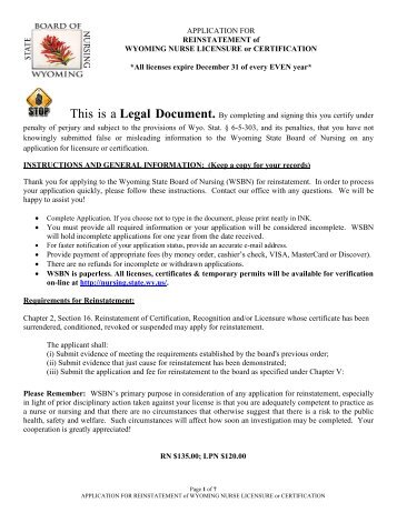 Reinstatement Application - Wyoming State Board of Nursing