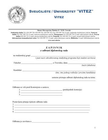 zapisnik o odbrani diplomskog rada - Univerzitet "VITEZ"