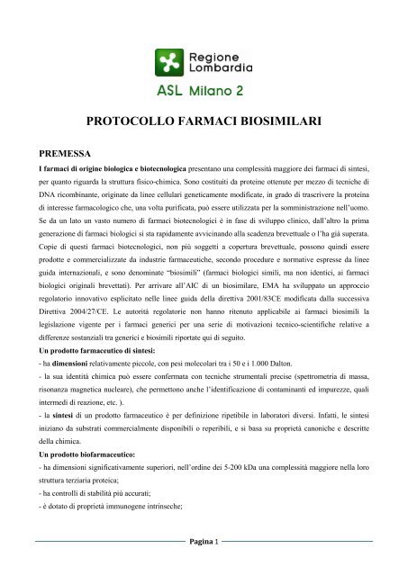 protocollo farmaci biosimilari - Gruppo ospedaliero San Donato