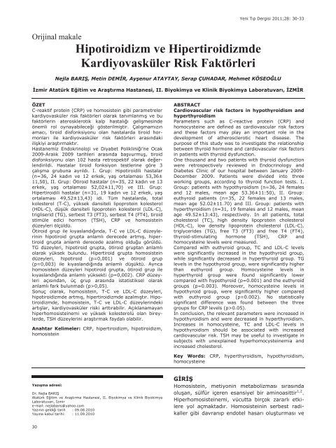 Hipotiroidizm ve Hipertiroidizmde Kardiyovasküler ... - Yeni Tıp Dergisi