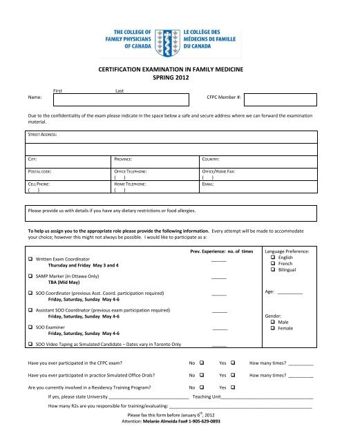 CERTIFICATION EXAMINATION IN FAMILY MEDICINE SPRING 2012