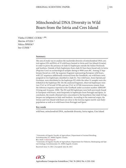 Mitochondrial DNA Diversity in Wild Boars from the Istria and Cres ...