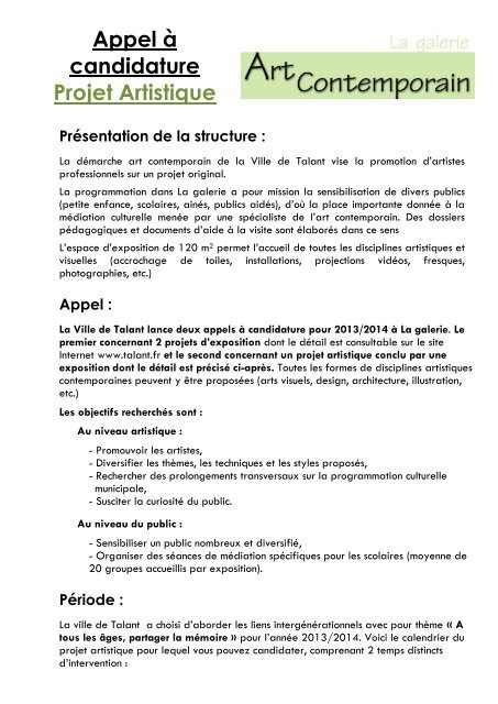 Appel Ã  candidature La Galerie - Projet artistique - Sortir Ã  Talant ...