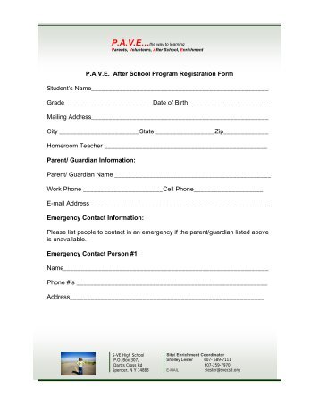 P.A.V.E. After School Program Registration Form Student's ...