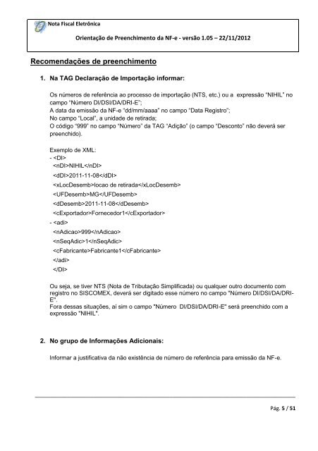 OrientaÃ§Ã£o de Preenchimento da NF-e - versÃ£o 1.05