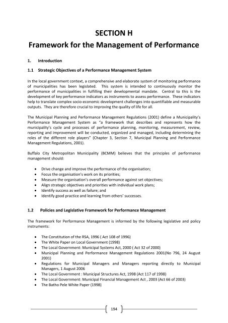 Framework for the Performance Management System - Buffalo City
