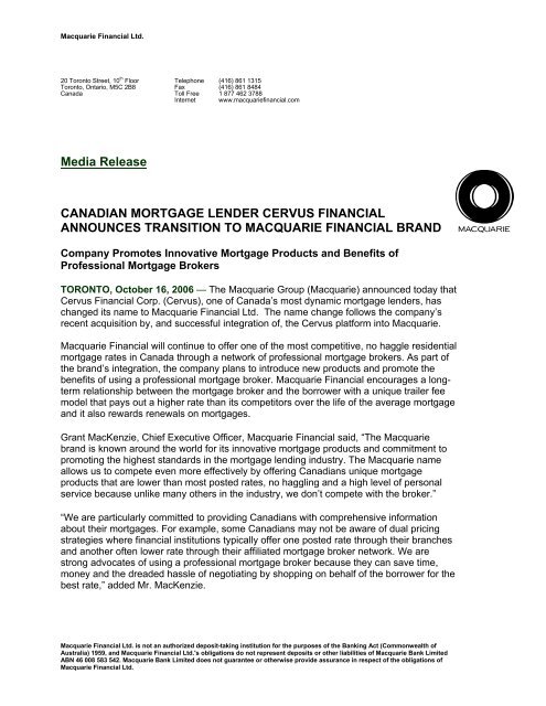 Media Release CANADIAN MORTGAGE LENDER ... - Macquarie