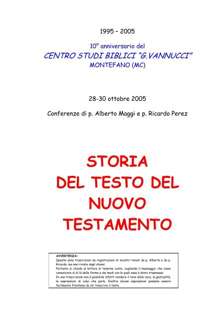 storia del testo del nuovo testamento - CENTRO STUDI BIBLICI "