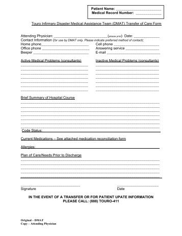 Transfer of Care Form Attending Physician - Touro Infirmary