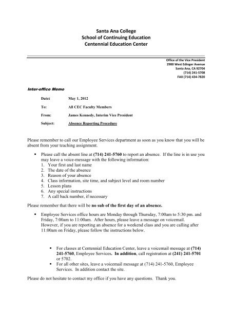 Memo Absence Reporting Procedure - Santa Ana College