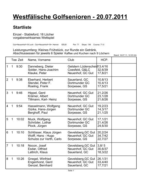 20.07.2011 Startliste - Westfälische Golf Senioren