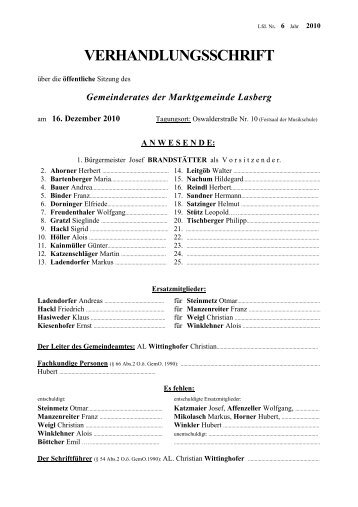 6. Gemeinderatssitzung vom 16. Dezember 2010 (307 KB ... - Lasberg