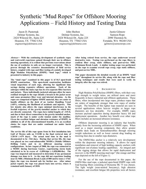 Synthetic â Mud Ropesâ for Offshore Mooring ... - Samson Rope