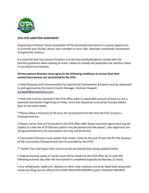 Tournament Sanction Agreement - Ontario Tennis Association