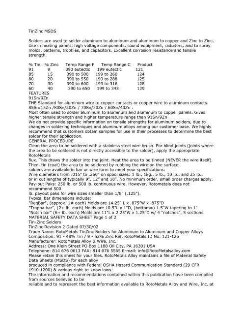 MSDS- Tin Zinc Solder - RotoMetals, Inc