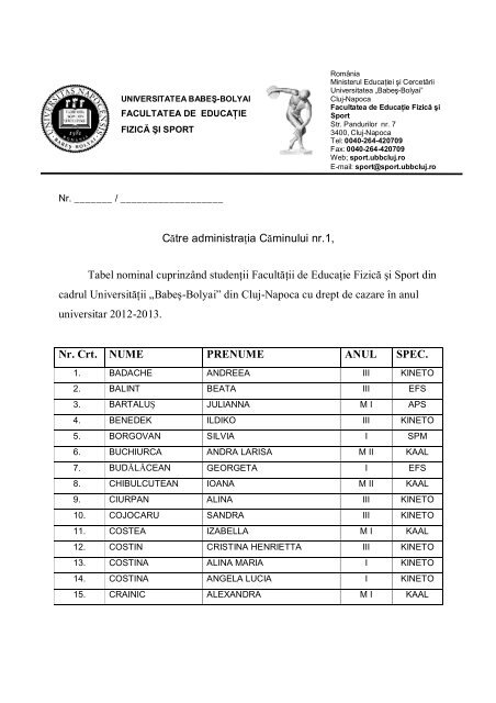 CÄtre administraÅ£ia CÄminului nr.1, Tabel nominal cuprinzÃ¢nd ...