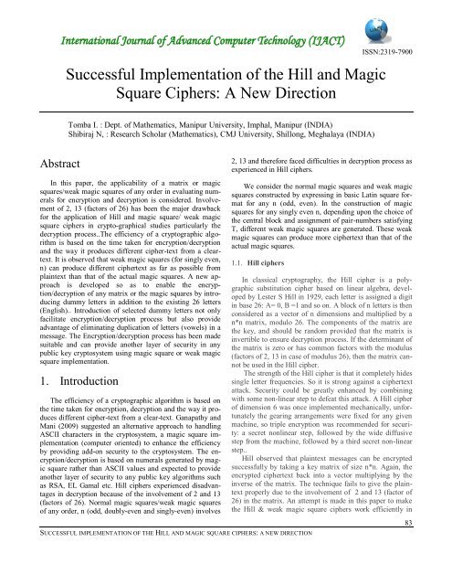 Successful Implementation of the Hill and Magic Square Ciphers: A ...