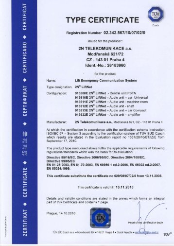 TYPE CERTIFICATE - 2N Telekomunikace a.s.