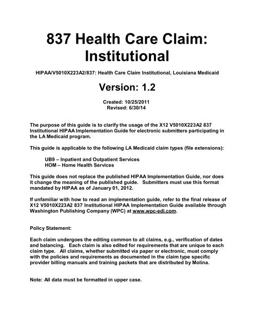 837 Health Care Claim: Institutional - Louisiana Medicaid