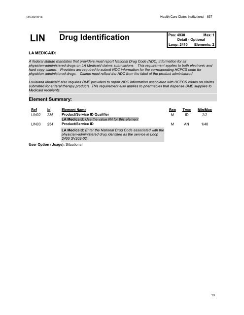 837 Health Care Claim: Institutional - Louisiana Medicaid