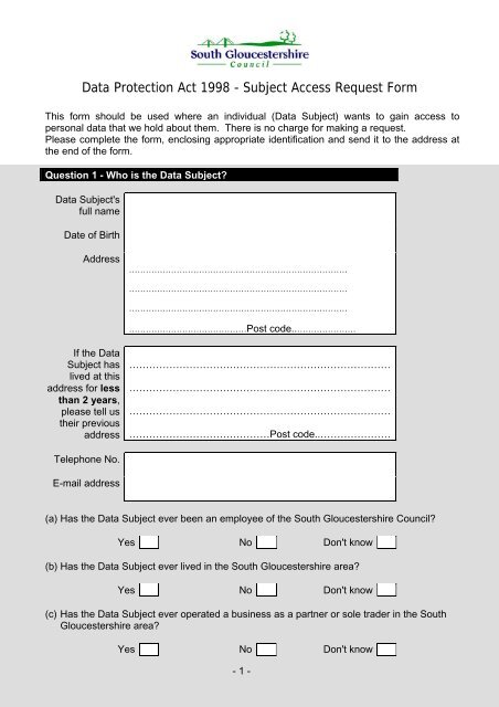 Subject Access Request Form - South Gloucestershire Council