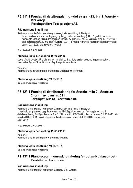 Møteprotokoll Planutvalget - Fredrikstad kommune