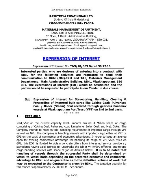 EXPRESSION OF INTEREST - Vizag Steel