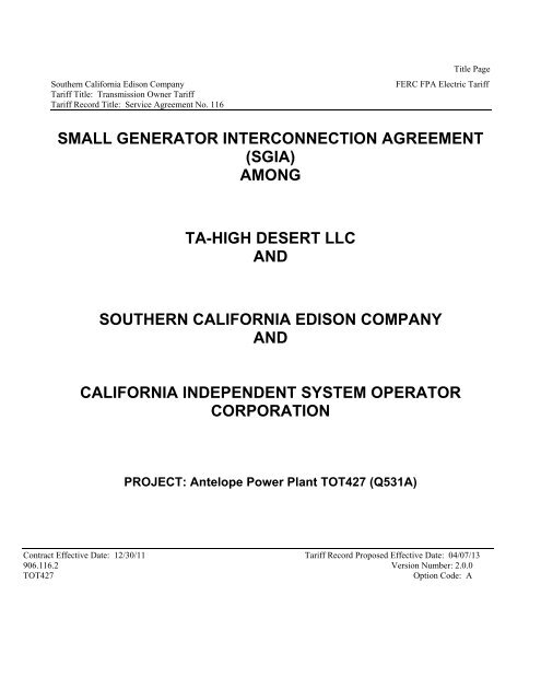 small generator interconnection agreement - Southern California ...