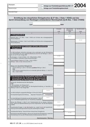 Ermittlung des steuerlichen Einlagekontos (Â§ 27 Abs. 2 Satz 1 KStG ...