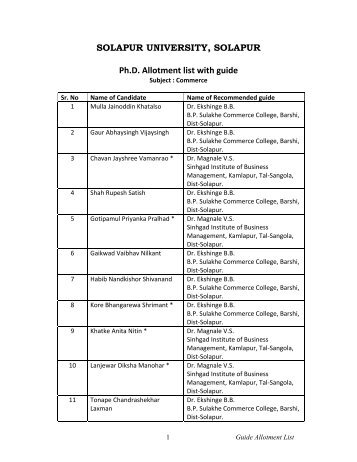 SOLAPUR UNIVERSITY, SOLAPUR Ph.D. Allotment list with guide