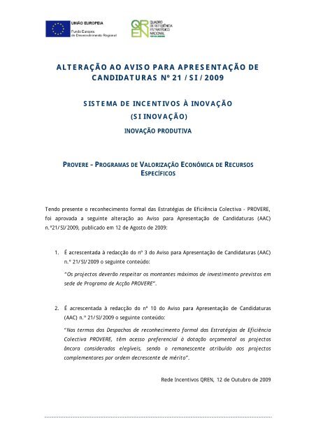 Alteração ao Aviso para a Apresentação de Candidaturas n ... - QREN