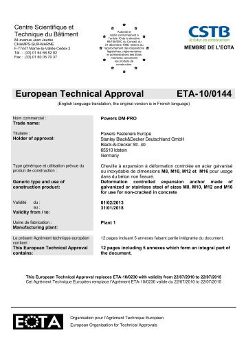 European Technical Approval ETA-10/0144