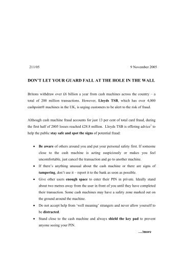 don't let your guard fall at the hole in the wall - Lloyds Banking Group